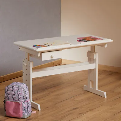 Produktbild von Kinderschreibtisch FLEXI mit Kippfunktion und Höhenverstellung, praktischer Schreibtisch aus massiver Kiefer in weiß