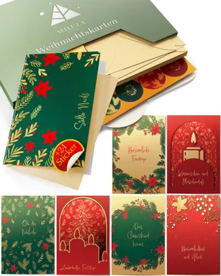 Produktbild von 14 Weihnachtskarten mit Umschlag Set - Adventskarten A6 - Karten Weihnachten Set - Weihnachtskarte zum Aufklappen - Weihnachtspostkarten Set