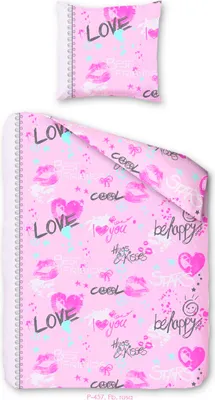 Produktbild von aboutyourhome bettwäsche Kinder Bettwäsche Baumwolle Biber 135x200  80x80 cm Set 2tlg. Love Jugend Rosa