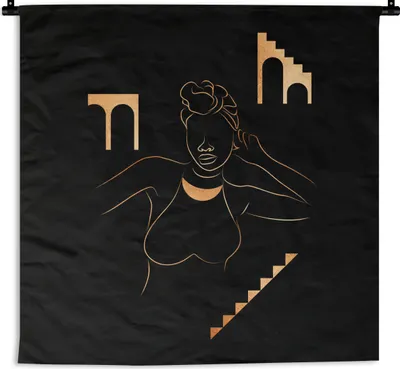Produktbild von MuchoWow® Wandteppich Wandbehang Frau - Gold - Schwarz - Strichzeichnung 150x150 cm Tapisserie Dekoration Wandtuch - Wohnaccessoires - Modernes