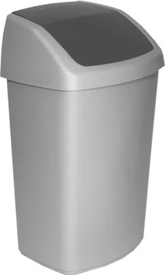 A silver trash can with a dark gray lid.