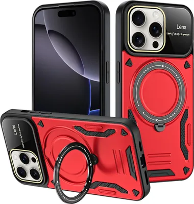 Produktbild von Rüstung Handyhülle für iPhone 16 Pro Dual-Layer Magnetisches Ringhalter Ständer Magsafe Hülle Rot
