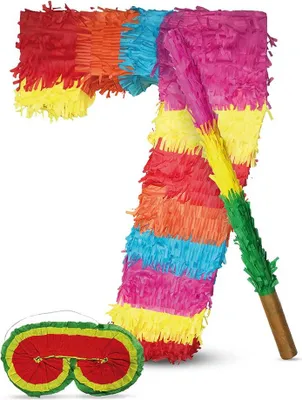 Produktbild von Pinata Zahl 7 Set mit Stab und Augenmaske für Kinder-Geburtstag Schlag-Spiel 50 x 35 x 8cm Dekoration Geburtstagsdeko