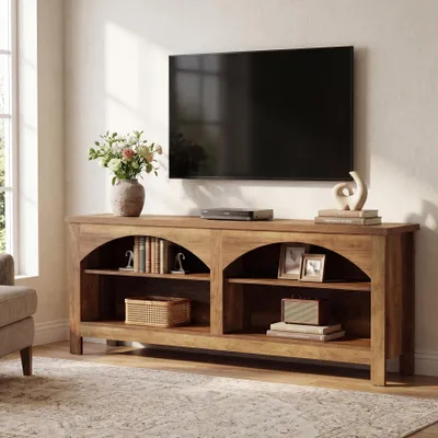 Image de Support TV Tribesigns pour téléviseurs jusqu'à 70 pouces, meuble TV de style rustique avec étagères réglables, meuble multimédia en bois, couleur marron