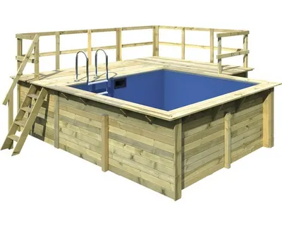 Produktbild von Aufstellpool Holzpool-Set Karibu Grösse 1 rechteckig 462x483x124 cm inkl. Bodenschutzvlies, Innenauskleidung mit Keilbiese, Leiter mit L-Plattform