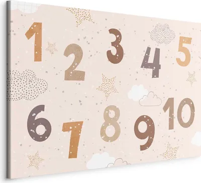 Produktbild von Vlies Leinwandbild - Jumping Numbers - Numbers in a Subdued Beige-Brown Hue Among Snowflakes Stars and Clouds 30x20 cm Für Kinder e-A-10128-b-a