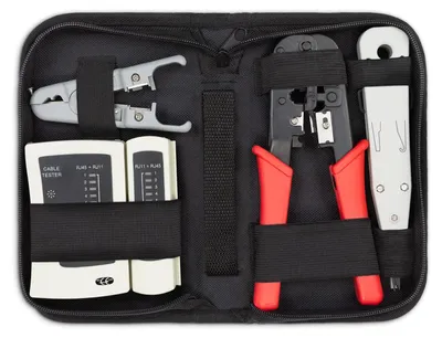 Produktbild von deleyCON Netzwerk Werkzeug Set Tasche RJ45, 4-teilig - Weiß Rot