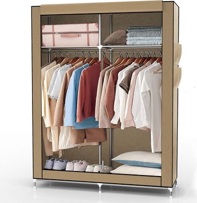 Intirilife Faltschrank 108x170x45 cm in CRÈME BEIGE - mit Reißverschluss Stoffschrank Kleiderschrank mit Kleiderstange, Fächern und Seitentasche - Camping Steckschrank Textil Garderobe