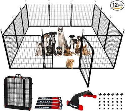 Image de Enclos pour chiens, adapté à une utilisation intérieure et extérieure, de 81,3 cm de haut, clôture portable pour chiens avec des sangles faciles à transporter, composée de 12 panneaux, idéale pour les chiens de taille moyenne et grande, en métal inoxydable