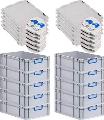 Produktbild von SuperSparSet 10x Eurobox NextGen Color mit Scharnierdeckel und Schiebeschnappverschlüssen | HxBxT 17x40x60cm | 34 Liter | Grau | Griffe blau geschlossen | Glatter Boden | Eurobehälter, Transportbox, Transportbehälter, Stapelbehälter
