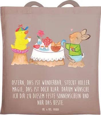 Produktbild von Mr. & Mrs. Panda Schultasche Ostern Frühstück - Braun Pastell - Geschenk, Hase, Einkaufstasche, Osterhase, Tote Bag, Uni Tasche, Laptoptasche, Picknick, Stoffbeutel