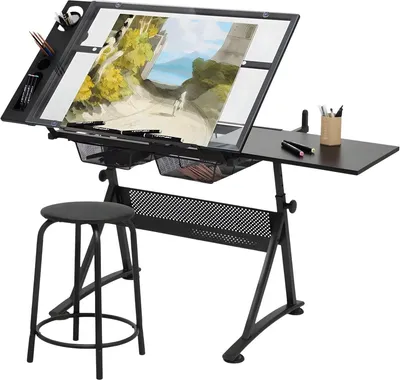 Produktbild von Glas Zeichentisch mit verstellbarer Arbeitsplatte – 0–75° Neigung – inkl. Hocker & Zubehör – Studio Zeichentisch – Schwarz