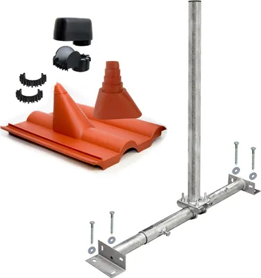 Produktbild von PremiumX Dachsparrenhalter Satellitenschüssel Montage Set Sparrenhalter feuerverzinkt 1m Mast Frankfurter SAT Ziegel rot Mastkappe