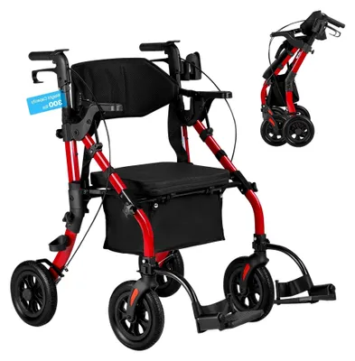 Produktbild von Faltbarer 2-in-1 Rollator mit Sitz, Leichter Gehwagen mit Reifen, Gehhilfe bis 136 kg, Rückenlehne, Tasche und Gehstockhalter, Höhenverstellbare Laufhilfe mit Feststellfunktion für Senioren, Rot