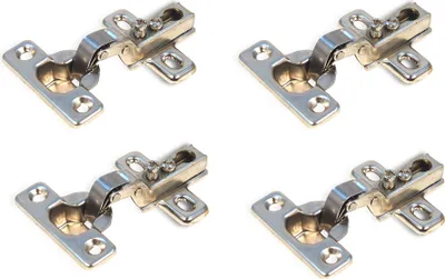 Four metal hinges are arranged in a grid on a white background.