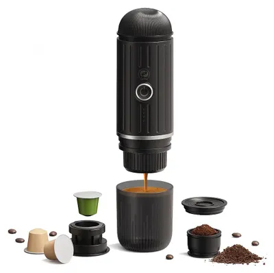 Produktbild von Elektrische tragbare Espressomaschine - Kaffeemaschine für Auto und Zuhause - 2-in-1 Kapsel und Kaffeepulver - Kabellos - Camping - Schwarz