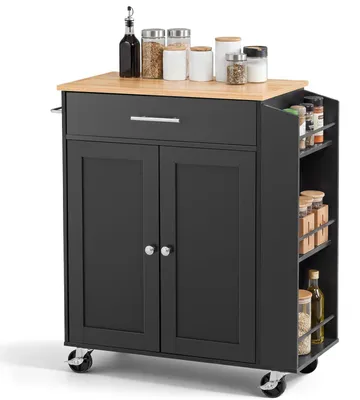 Image de VEVOR : Îlot de cuisine mobile avec 1 tiroir et 2 portes, de couleur noire. Îlot de cuisine mobile, chariot de cuisine avec porte-épices, porte-serviettes, plan de travail (640 x 380 x 15 mm) et étagères réglables pour la salle à manger