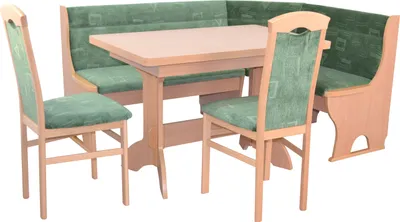 A dining set including a corner bench, a table, and chairs, presented against a white background.
