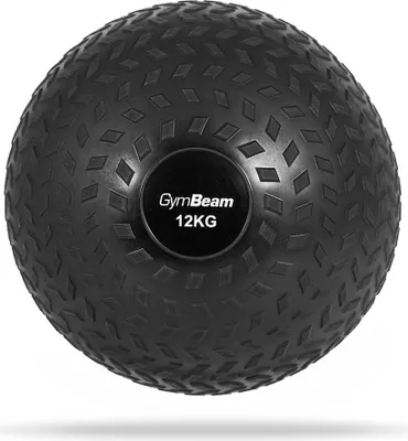 A black slam ball with textured surface and a circular label in the center.