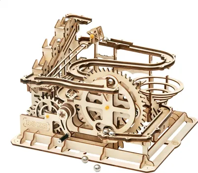 A wooden marble run toy with gears and tracks.