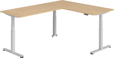 Produktbild von bümö Eckschreibtisch elektrisch höhenverstellbar L-Form - Gestell: Silber, Nachbildung: Eiche, Größe: Eckschreibtisch 180 x 240 cm