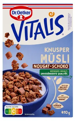 Immagine prodotto di Dr Oetker Vitalis, muesli croccante al torrone, confezione al cioccolato da 410 g