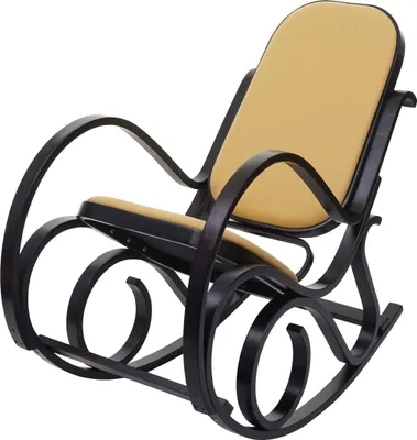 A rocking chair with a yellow cushion is shown against a white background.