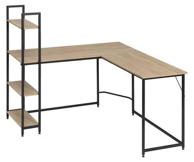 Produktbild von Echthoekbüro mit Aufbewahrung - Bürotisch - Laptoparbeitsplatz - Geeignet für Arbeit und Gaming - Licht Eiche / Schwarz