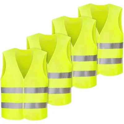 Zdjęcie produktu dla Zestaw 4 kamizelek ostrzegawczych, neonowo-żółtych, z odblaskami 360°, przeznaczonych dla dorosłych