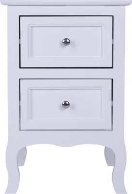 A white two-drawer nightstand with silver knobs, shown from the front against a white background.
