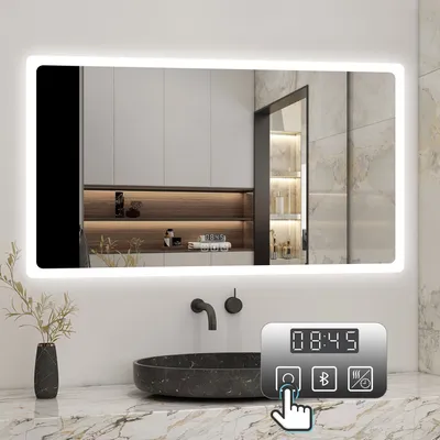 Produktbild von LED Spiegel mit Bluetooth 140×80cm Uhr Kalt/Neutral/Warmweiß dimmbar Memory Touch/Wandschalter Beschlagfrei Spiegel