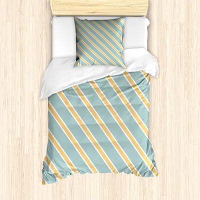 Produktbild von ABAKUHAUS Streifen Bettbezug Set für Einzelbetten, Retro Diagonale Streifen, Milbensicher Allergiker geeignet mit Kissenbezug, Mandelgrün Aprikose Weiß