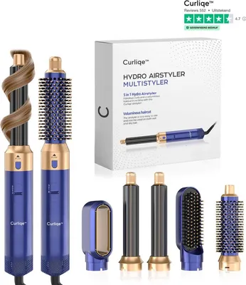 Image de Curliqe™ : Brosse soufflante – Airstyler – Brosse ronde – Bigoudis – Multistyler 5 en 1 – Bleu et or