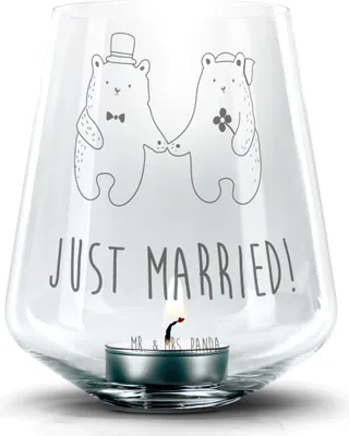 Produktbild von Mr. & Mrs. Panda Teelicht Glas Bär Heirat - Transparent - Geschenk, kerzenhalter, gravur, Teelichthalter, Laterne, Windlicht, Teddy