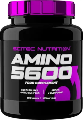 A black bottle of Scitec Nutrition Amino 5600 food supplement.