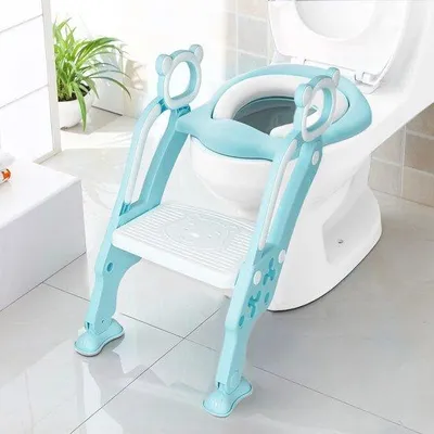 Imagen del producto de Unyqoos®: Entrenador para el inodoro con escalera. Asiento infantil con escalón ancho y antideslizante, acolchado, con altura ajustable, color azul, adecuado para niños de 1 a 7 años, compatible con inodoros de tipo V/U/O