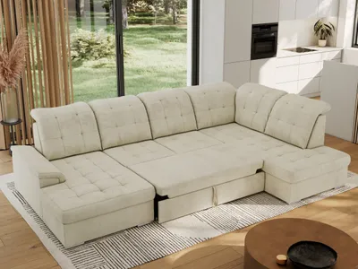 Produktbild von MKS MEBLE Ecksofa Wohnlandschaft U-Form, Sofa mit Schlaffunktion, Schlafsofa mit bettkasten, Couch mit Schlaffunktion - Beige Velvet - Madrito U - rechts