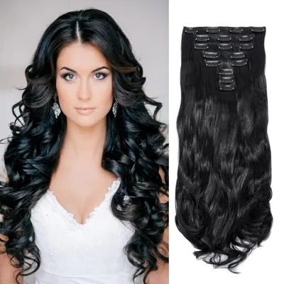 Immagine prodotto di Clip-in per extension di capelli, 45 cm, ondulati, sintetici, neri, confezione da 8 pezzi