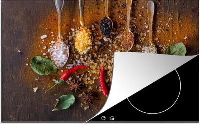 Produktbild von KitchenYeah© Herdabdeckplatte Löffel - Kräuter - Chili - Gewürze - Salz , 81x52cm, Küche Deko, Glaskeramikkochfeld Herdabdeckung, Abdeckplatte fùr Kochfeld