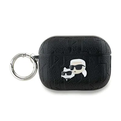 A black AirPods Pro case with a Karl Lagerfeld and Choupette Head design, attached to a silver keyring.