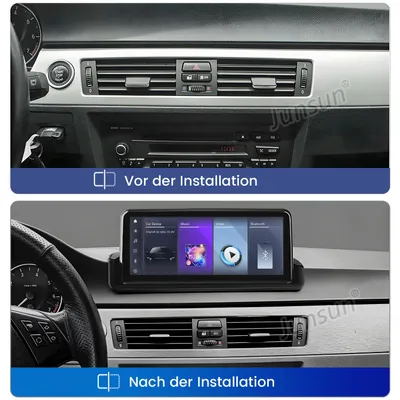This is a collage of two images showing the interior of a car dashboard before and after installing a new infotainment system.