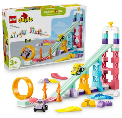 Produktbild von LEGO DUPLO Town Kreative Sprungschanzen mit kleinen Flitzern 3-in-1-Set - Lernspielzeug zur Motorik Förderung - Montessori Spielzeug mit 2 Rennwagen - Geschenk für Kleinkinder ab 3 Jahren - 10478