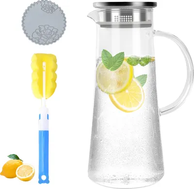 Produktbild von Wasserkaraffe 1,5L Glaskaraffe mit Edelstahldeckel, Bürste und Untersetzer, -20 bis 130°C Glas Krug aus hitzebeständigem Glas Wasserkrug Karaffen