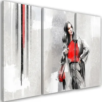 Produktbild von Triptychon auf leinwand frau im mantel 60x40 cm Feeby beige wandbild bereit zum aufhängen