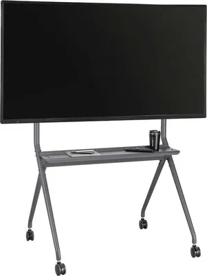 A mobile TV stand with a large black screen, a tray with a pen and cup, and wheels.