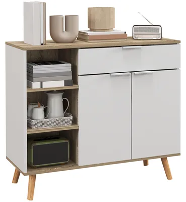 Produktbild von Multifunktionales, platzsparendes M?belstš¹ck mit 3 offenen Regalb?den, Schrank und Schublade, aus Spanplatte, 95 x 35 x 85 cm