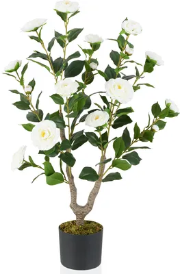 Produktbild von COSTWAY 90cm Kunstbaum mit Blüten, Künstlicher Kamelienbaum, Kunstpflanze im Topf, Kamelienpflanze mit 16 Blüten & 116 Blätter, Kunstblume Deko Weiß