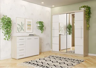 Image de lot de 2 armoires à portes coulissantes TORINO III Commode FRIDA 01 Sonoma/blanc avec verre et baguettes décoratives