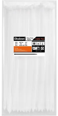 Zdjęcie produktu dla Opaski kablowe, 400 mm x 9,0 mm, extra mocne, 100 sztuk, białe, odporne na promieniowanie UV, nylonowe, wytrzymałość na rozciąganie: 80 kg
