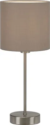 A table lamp with a taupe fabric shade and a silver metal base and stem, shown against a white background.